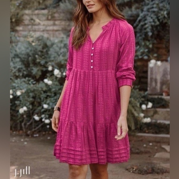 J. Jill Dresses & Skirts - J. Jill Long Sleeve Hot Pink Tiered Knee Length Embroidered Dress Size XS